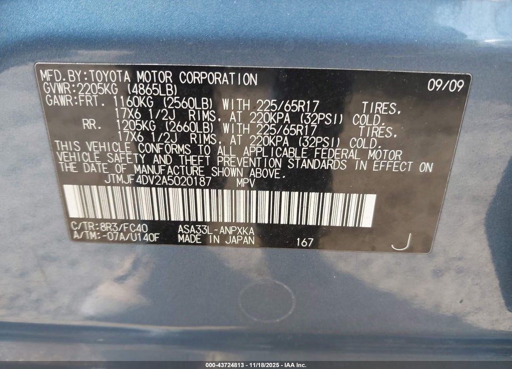 2010 TOYOTA RAV4 VIN: JTMJF4DV2A5020187
