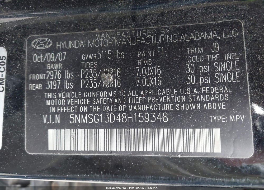2008 HYUNDAI SANTA FE GLS VIN: 5NMSG13D48H159348