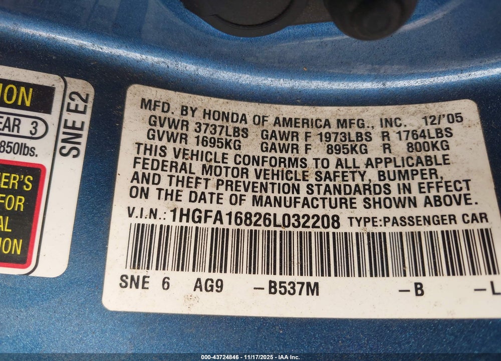 2006 HONDA CIVIC EX VIN: 1HGFA16826L032208