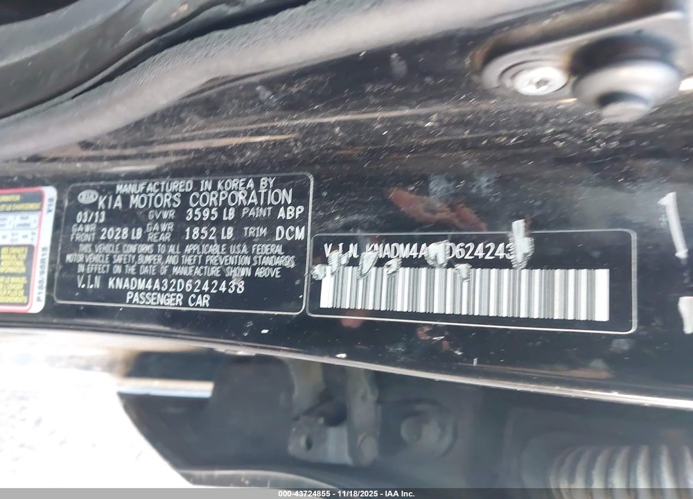 2013 KIA RIO LX VIN: KNADM4A32D6242438