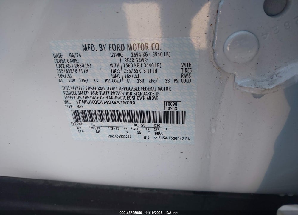2025 FORD EXPLORER ACTIVE VIN: 1FMUK8DH4SGA19750