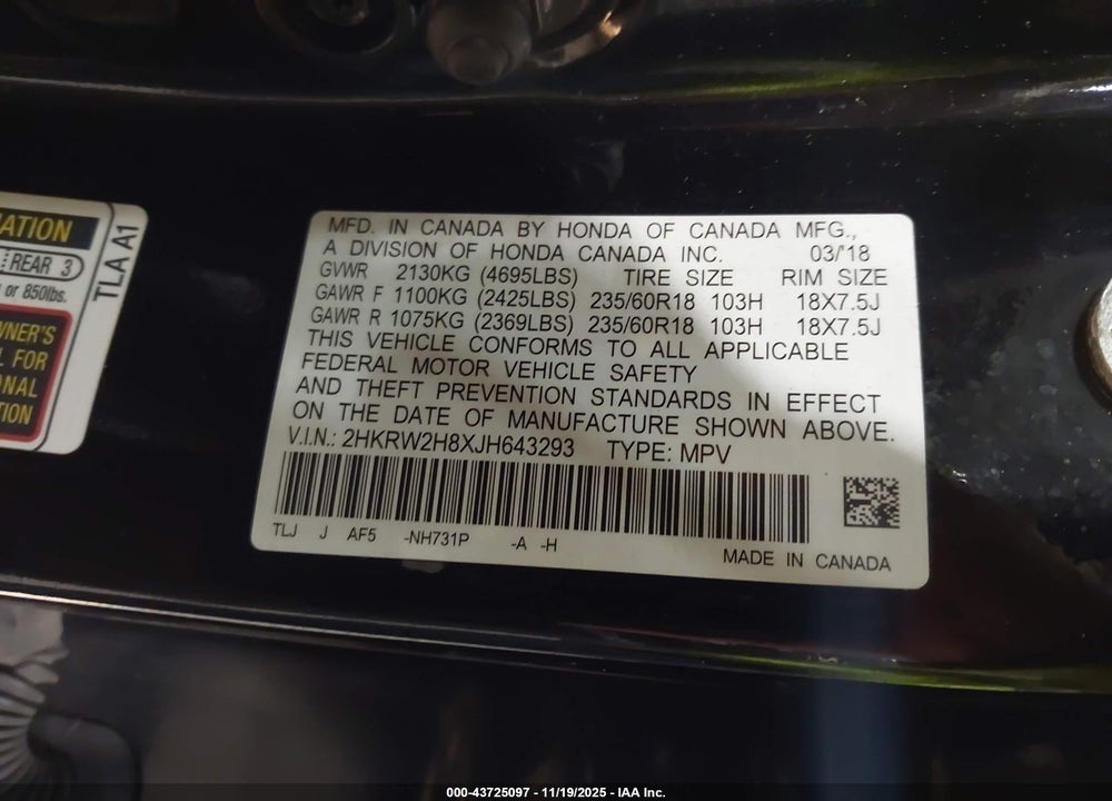 2018 HONDA CR-V VIN: 2HKRW2H8XJH643293