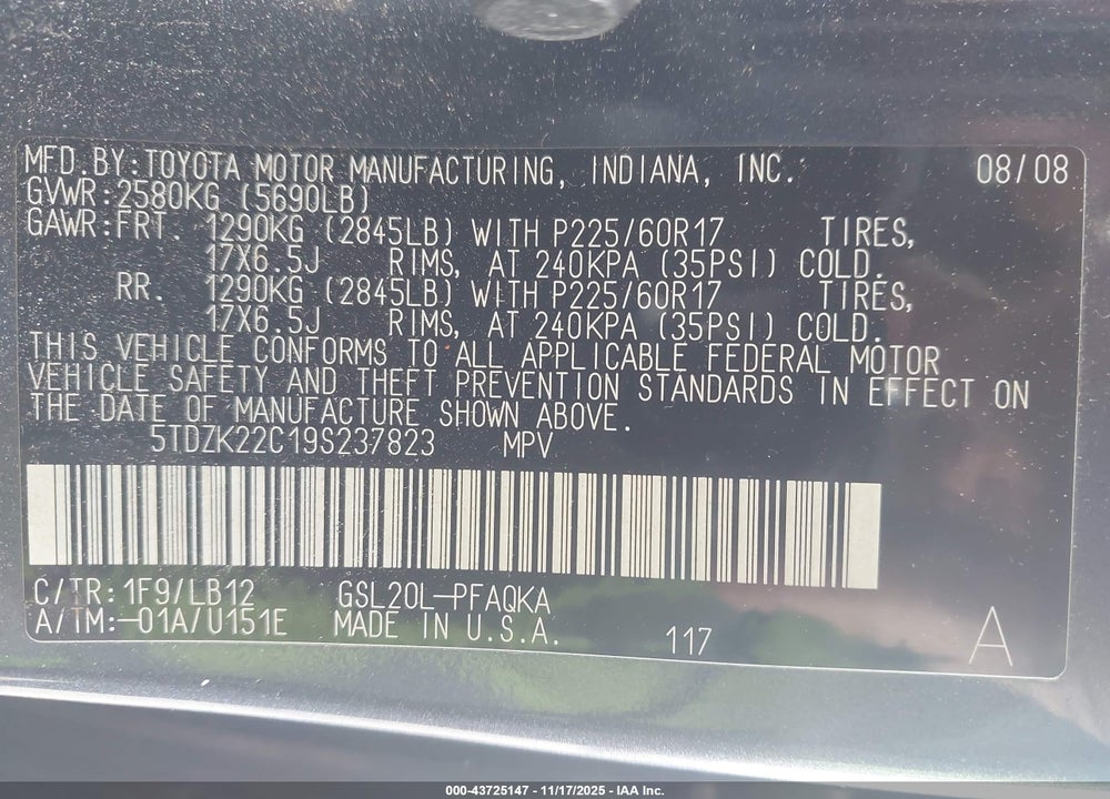 2009 TOYOTA SIENNA XLE VIN: 5TDZK22C19S237823