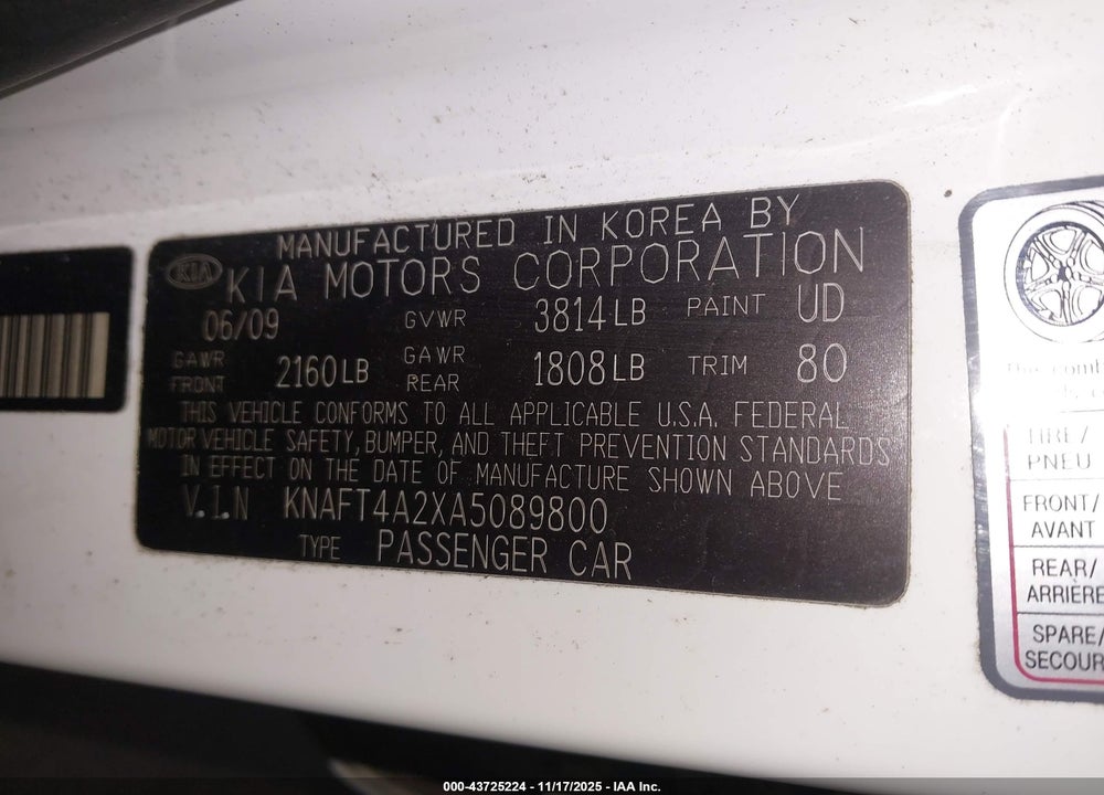 2010 KIA FORTE VIN: KNAFT4A2XA5089800