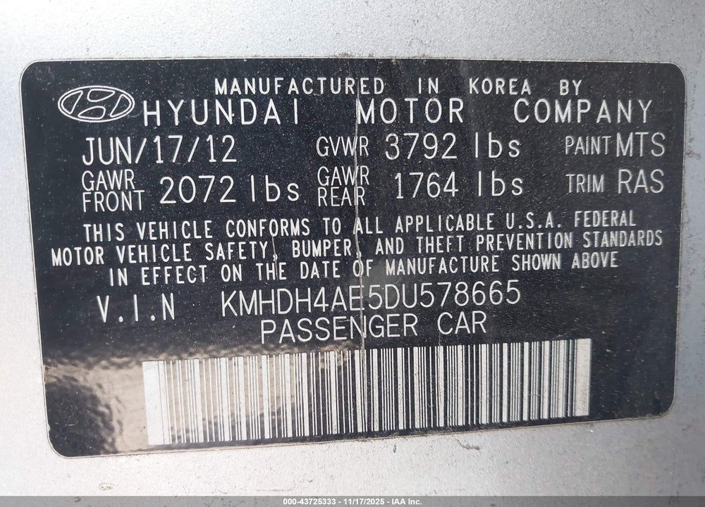 2013 HYUNDAI ELANTRA GLS/LIMITED VIN: KMHDH4AE5DU578665