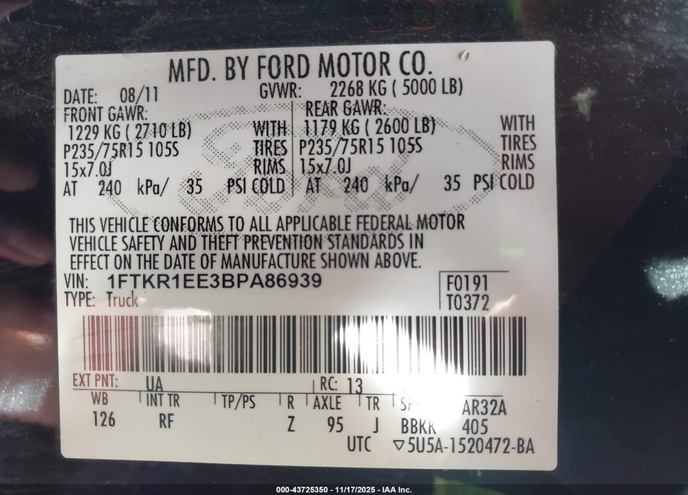 2011 FORD RANGER SPORT VIN: 1FTKR1EE3BPA86939