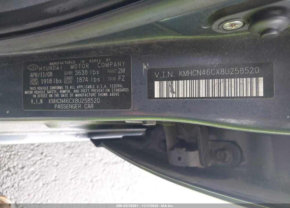 2008 HYUNDAI ACCENT GLS VIN: KMHCN46CX8U258520