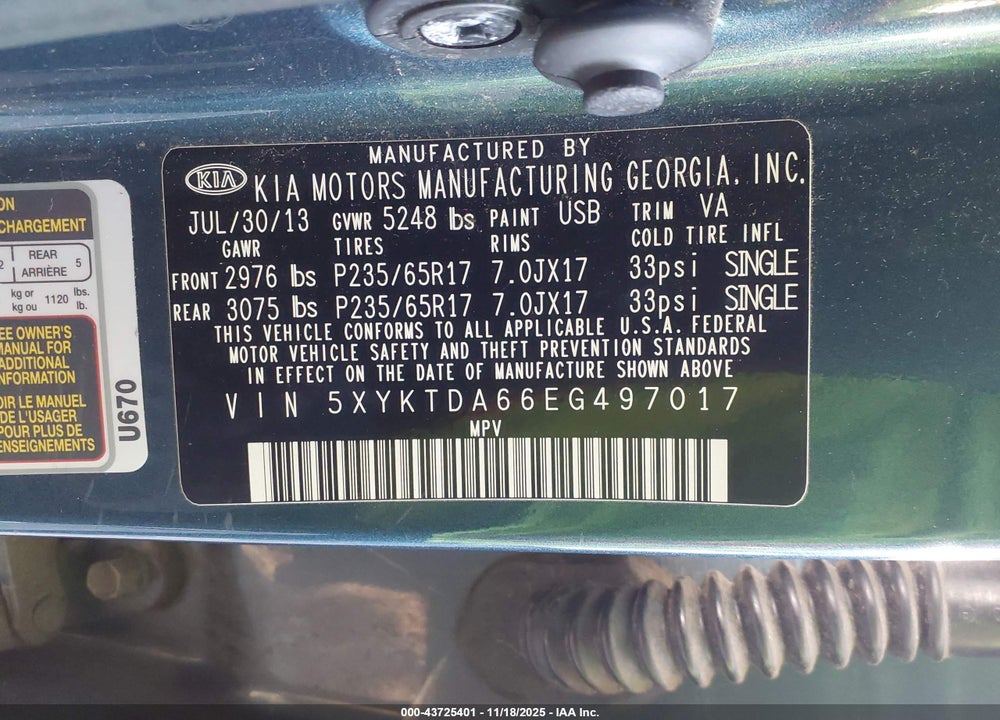 2014 KIA SORENTO LX VIN: 5XYKTDA66EG497017