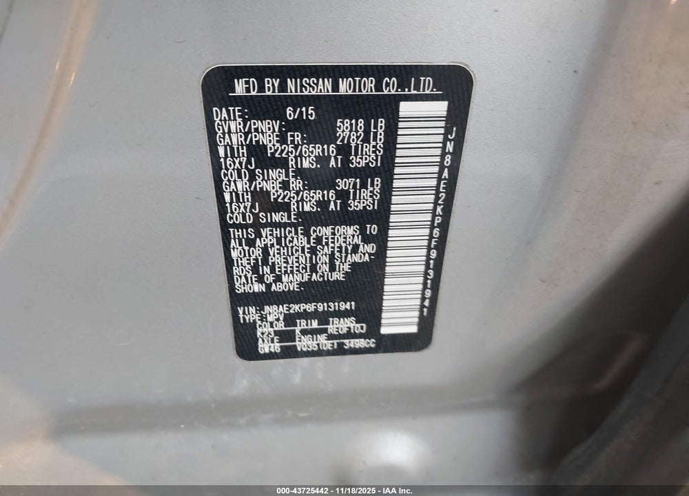 2015 NISSAN QUEST SV VIN: JN8AE2KP6F9131941