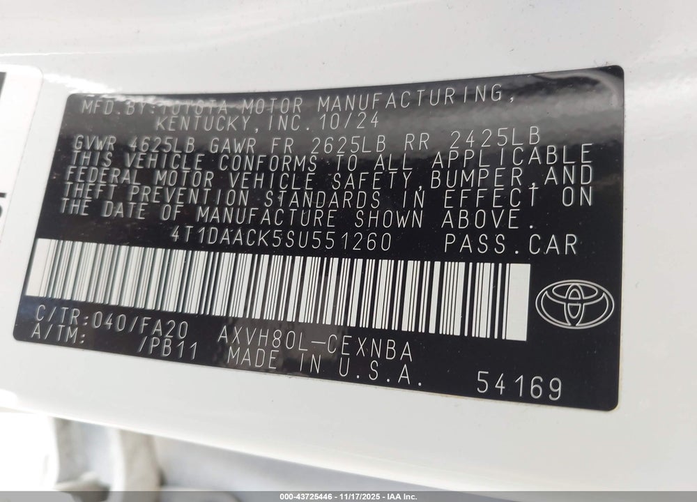 2025 TOYOTA CAMRY VIN: 4T1DAACK5SU551260