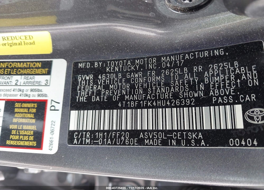2017 TOYOTA CAMRY SE VIN: 4T1BF1FK4HU426392