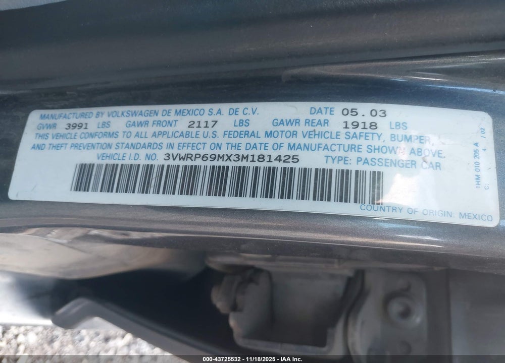 2003 VOLKSWAGEN JETTA GL TDI VIN: 3VWRP69MX3M181425