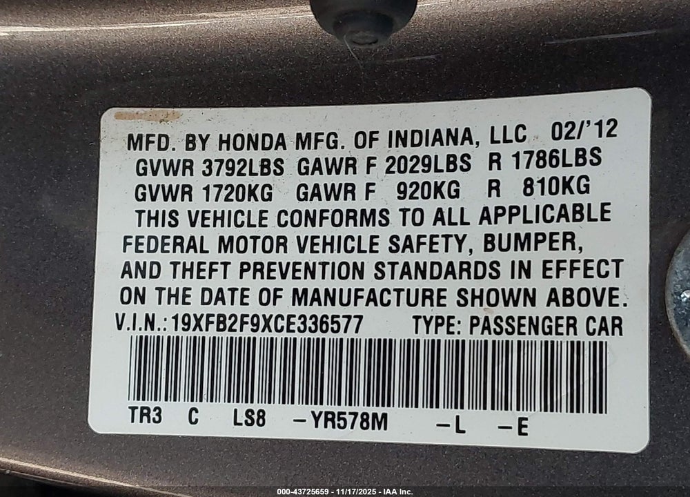 2012 HONDA CIVIC EX-L VIN: 19XFB2F9XCE336577