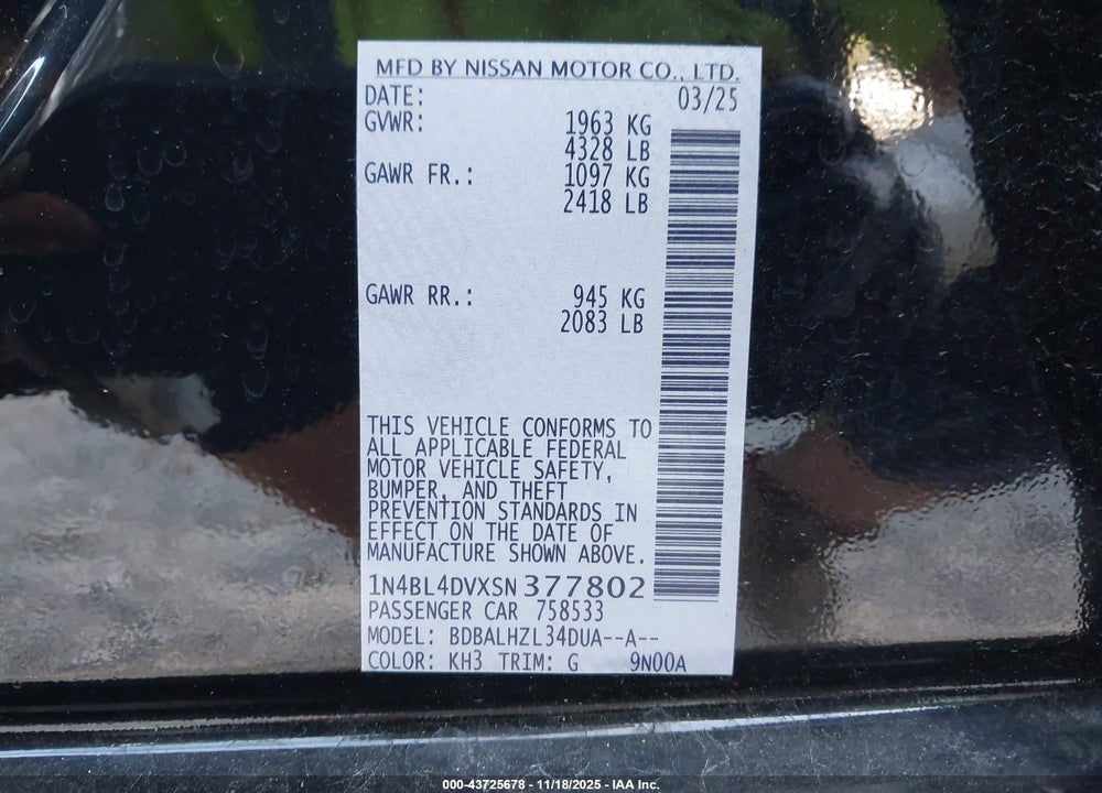 2025 NISSAN ALTIMA VIN: 1N4BL4DVXSN377802