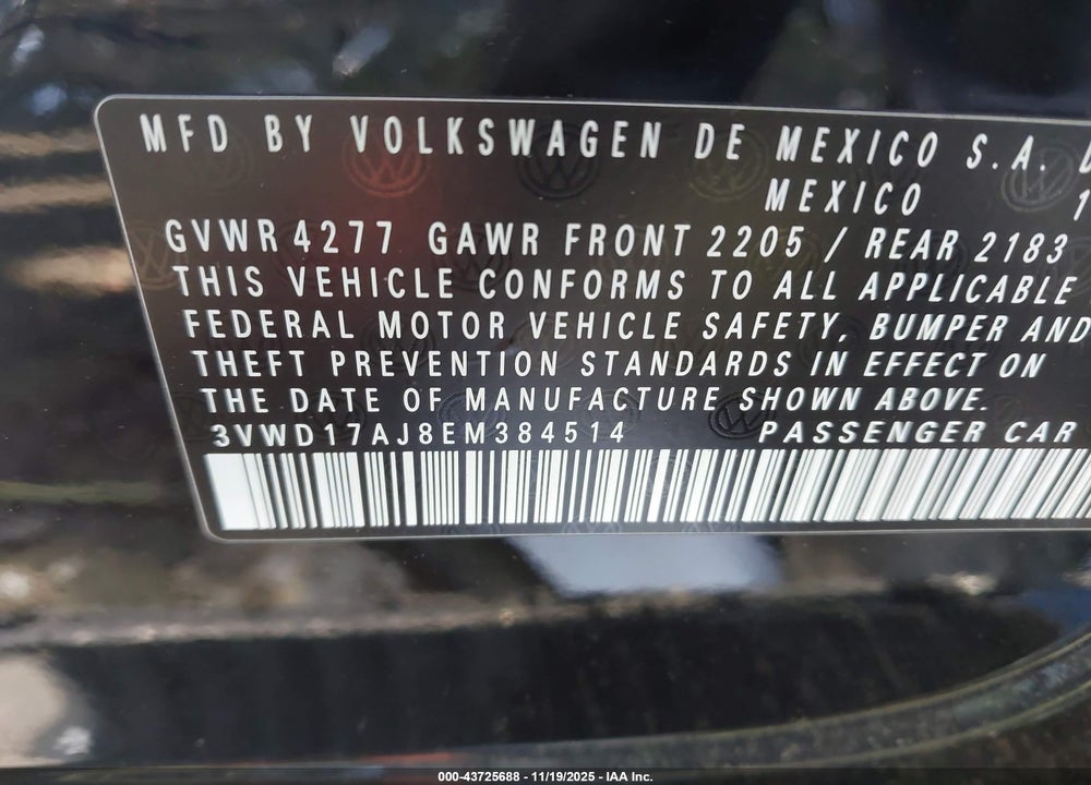 2014 VOLKSWAGEN JETTA 1.8T SE VIN: 3VWD17AJ8EM384514