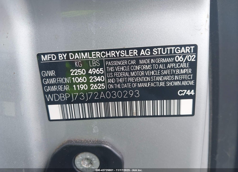 2002 MERCEDES-BENZ CL 55 AMG VIN: WDBPJ73J72A030293