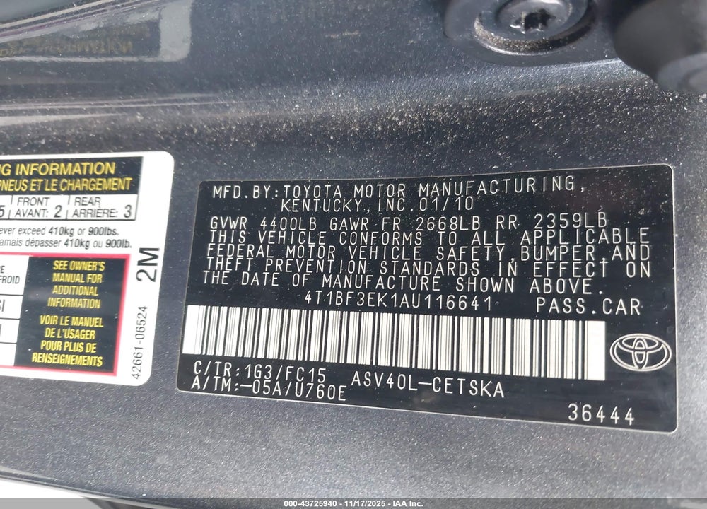 2010 TOYOTA CAMRY SE VIN: 4T1BF3EK1AU116641