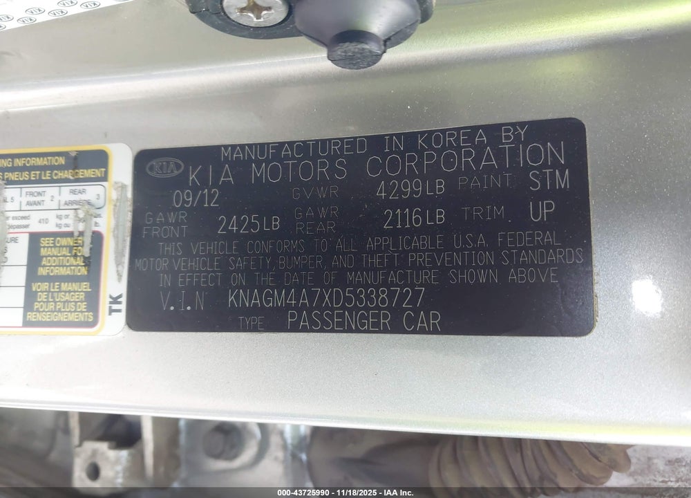 2013 KIA OPTIMA VIN: KNAGM4A7XD5338727