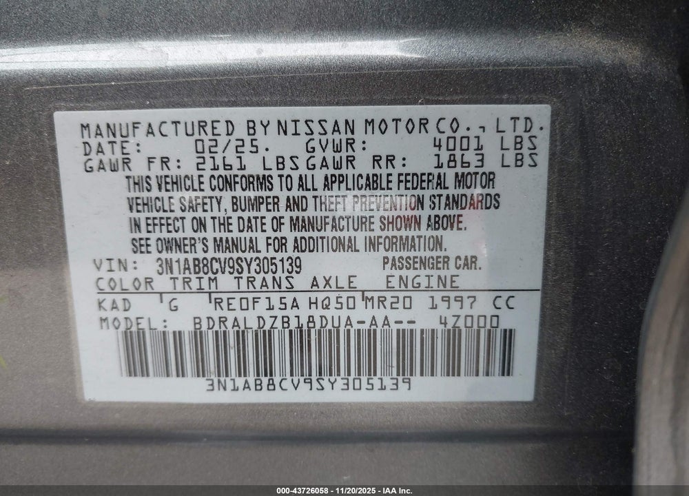 2025 NISSAN SENTRA VIN: 3N1AB8CV9SY305139