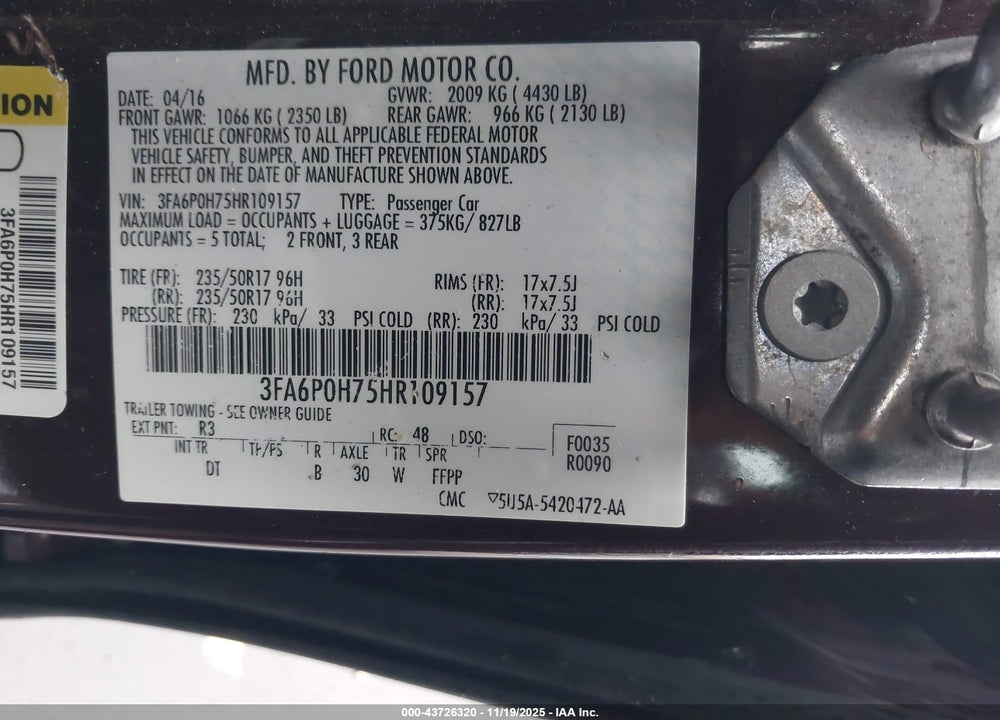 2017 FORD FUSION SE VIN: 3FA6P0H75HR109157