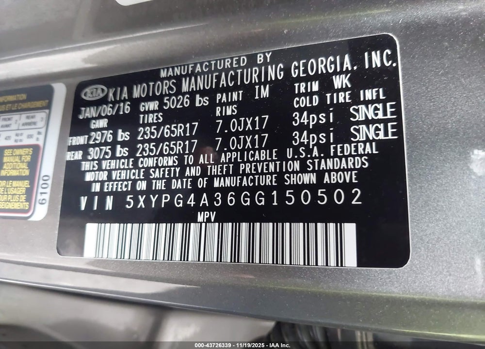 2016 KIA SORENTO VIN: 5XYPG4A36GG150502