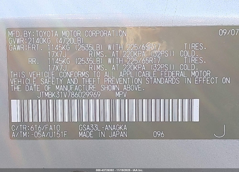 2008 TOYOTA RAV4 LIMITED V6 VIN: JTMBK31V786029969