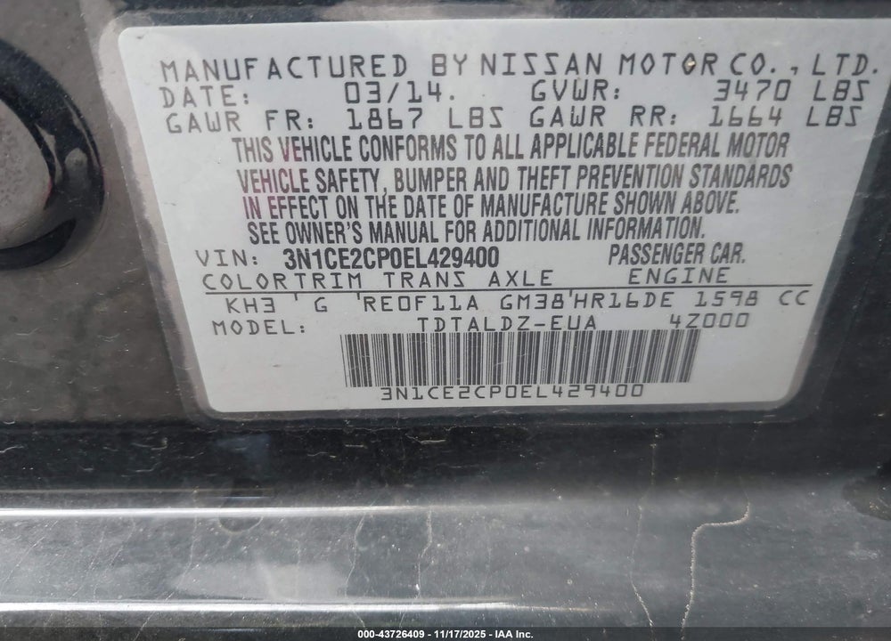 2014 NISSAN VERSA NOTE SV VIN: 3N1CE2CP0EL429400