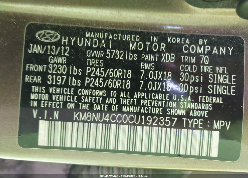 2012 HYUNDAI VERACRUZ LIMITED VIN: KM8NU4CC0CU192357