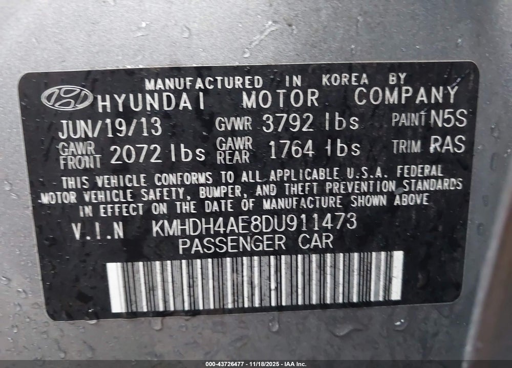 2013 HYUNDAI ELANTRA GLS VIN: KMHDH4AE8DU911473