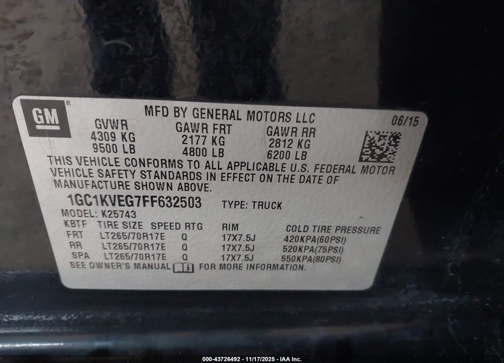 2015 CHEVROLET SILVERADO 2500HD LT VIN: 1GC1KVEG7FF632503