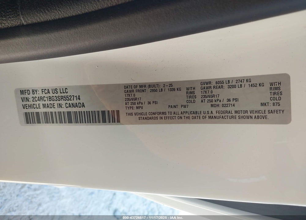 2025 CHRYSLER PACIFICA SELECT VIN: 2C4RC1BG3SR552714