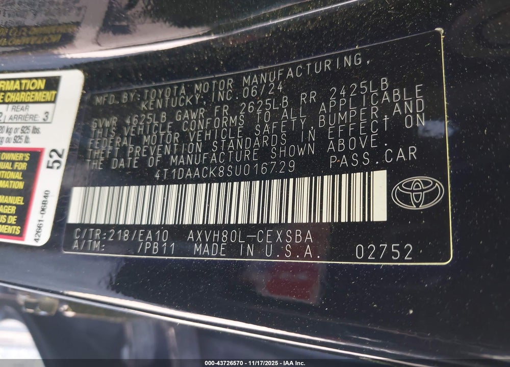 2025 TOYOTA CAMRY SE VIN: 4T1DAACK8SU016729
