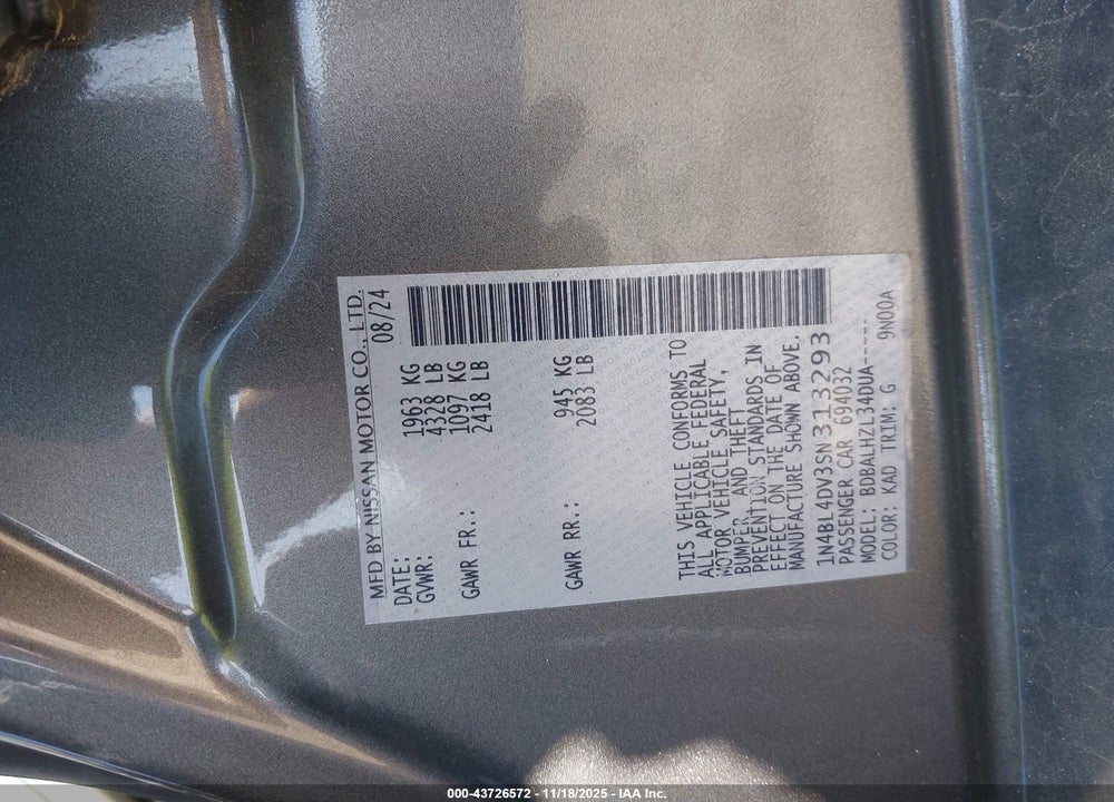 2025 NISSAN ALTIMA VIN: 1N4BL4DV3SN313293