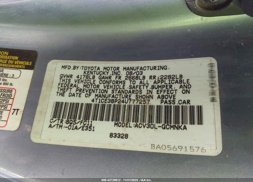2004 TOYOTA CAMRY SOLARA SE SPORT VIN: 4T1CE38P24U777257
