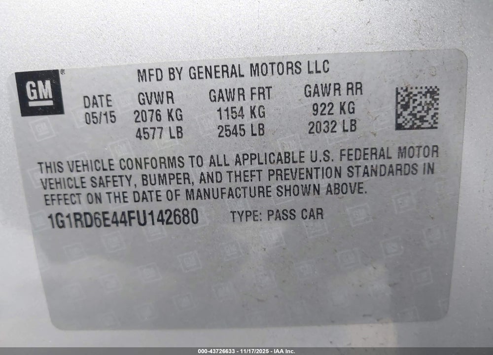2015 CHEVROLET VOLT VIN: 1G1RD6E44FU142680