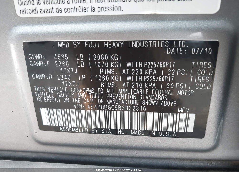 2011 SUBARU OUTBACK 2.5I PREMIUM VIN: 4S4BRBGC9B3332316