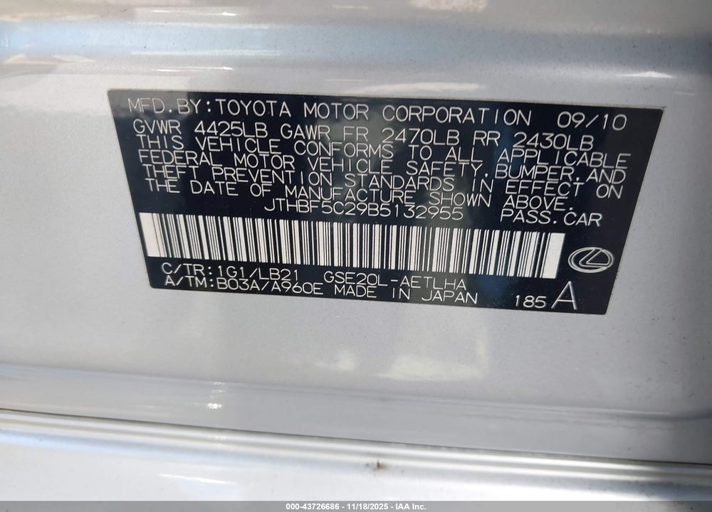 2011 LEXUS IS 250 VIN: JTHBF5C29B5132955