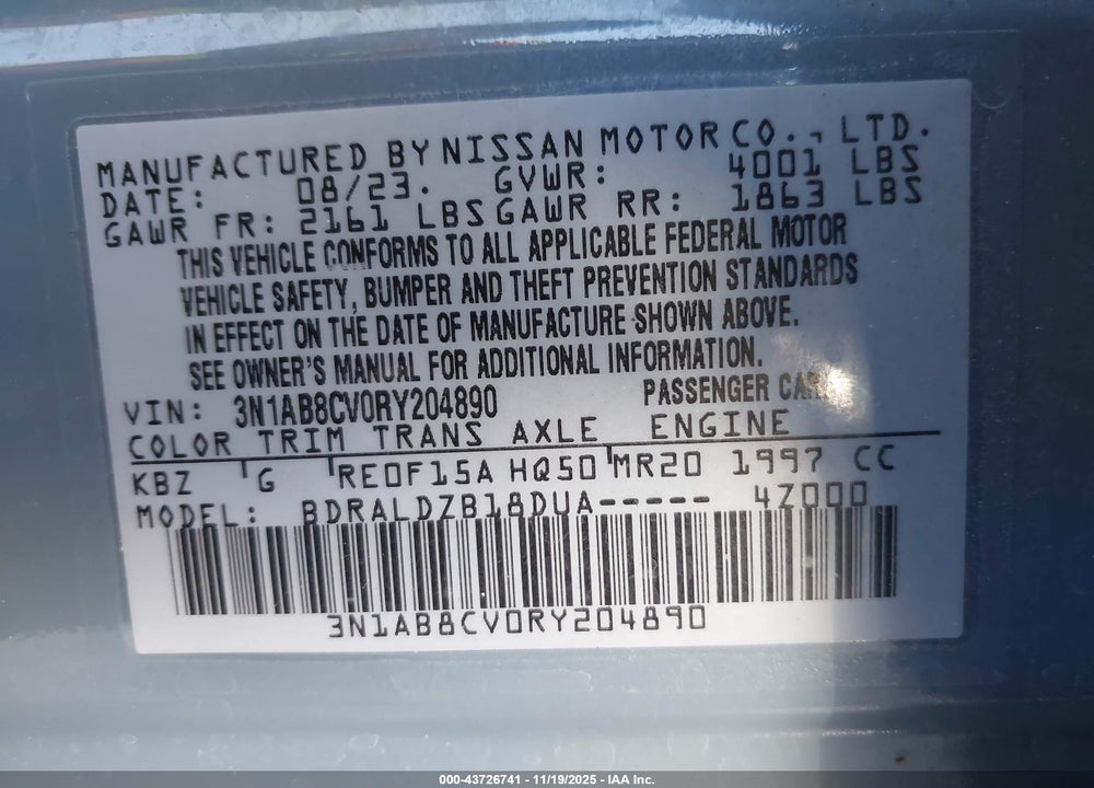 2024 NISSAN SENTRA SV XTRONIC CVT VIN: 3N1AB8CV0RY204890