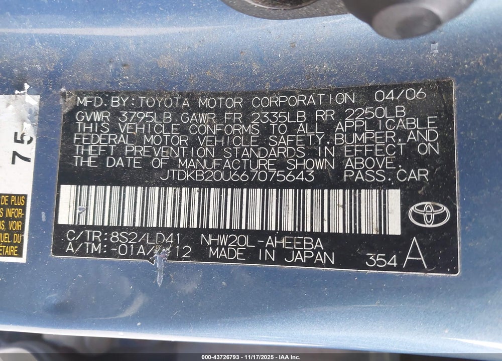 2006 TOYOTA PRIUS VIN: JTDKB20U667075643