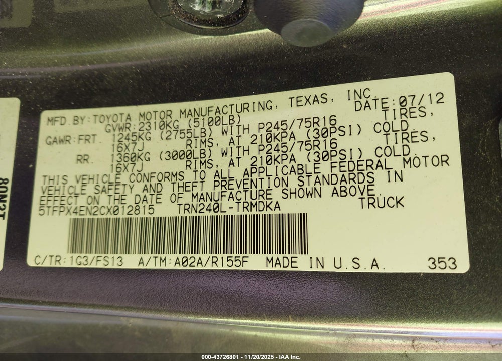 2012 TOYOTA TACOMA VIN: 5TFPX4EN2CX012815