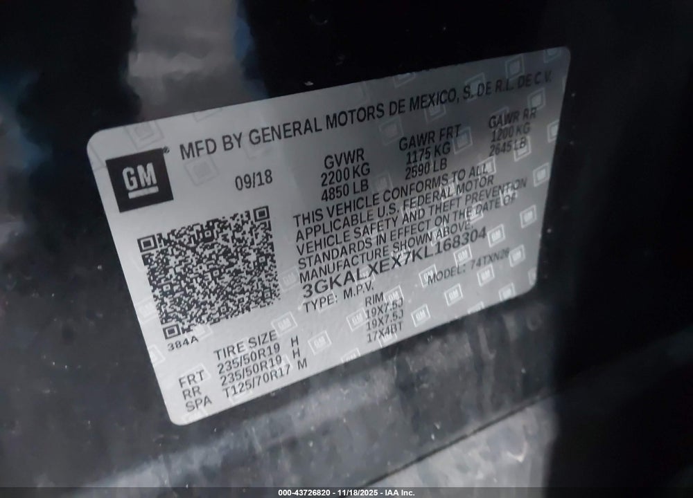 2019 GMC TERRAIN VIN: 3GKALXEX7KL168304