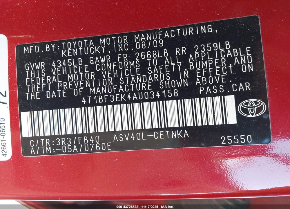 2010 TOYOTA CAMRY LE VIN: 4T1BF3EK4AU034158