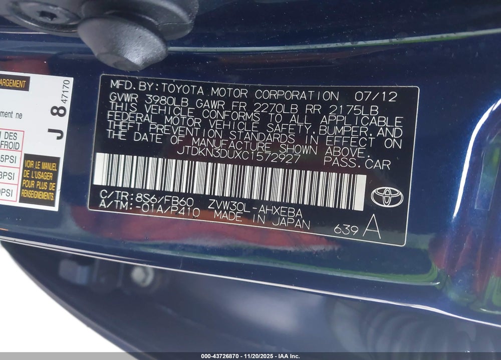 2012 TOYOTA PRIUS THREE VIN: JTDKN3DUXC1572927