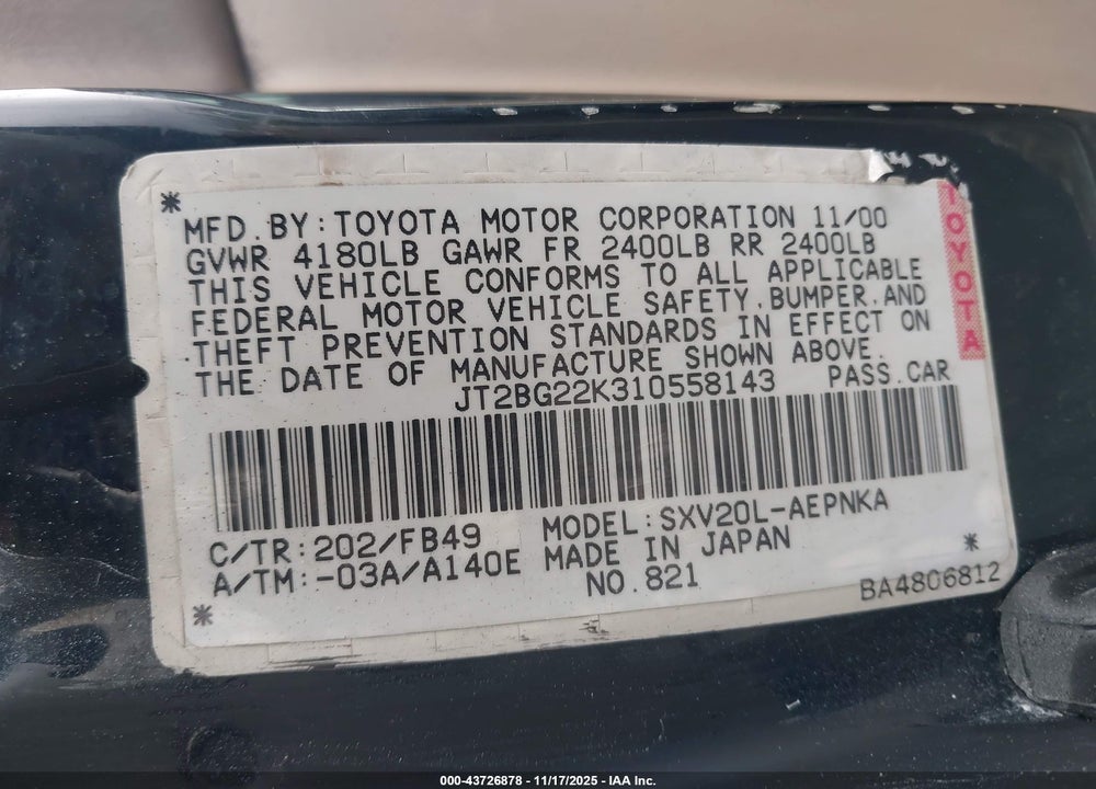 2001 TOYOTA CAMRY LE VIN: JT2BG22K310558143