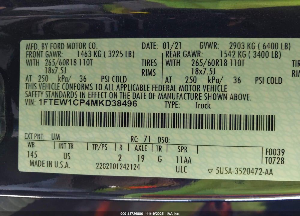 2021 FORD F-150 XLT VIN: 1FTEW1CP4MKD38496