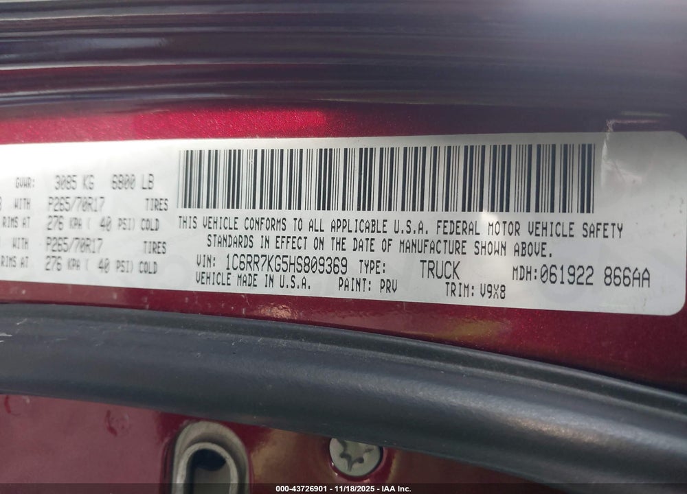 2017 RAM 1500 VIN: 1C6RR7KG5HS809369