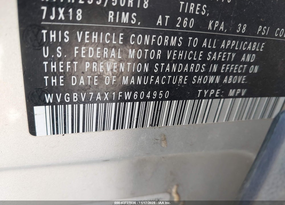 2015 VOLKSWAGEN TIGUAN VIN: WVGBV7AX1FW604950