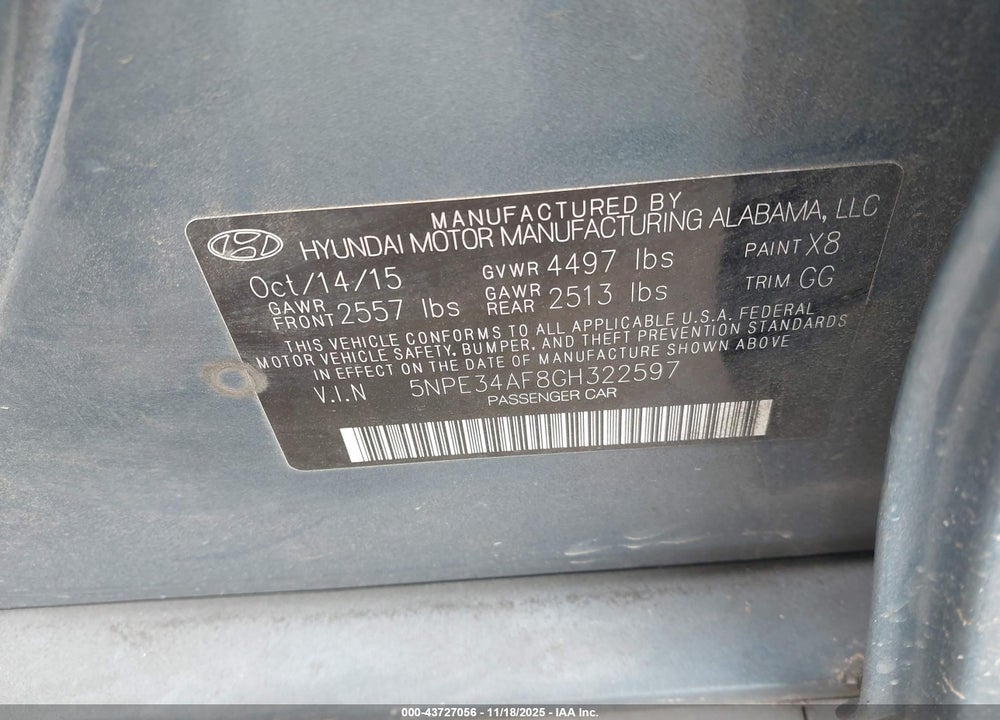 2016 HYUNDAI SONATA SPORT VIN: 5NPE34AF8GH322597