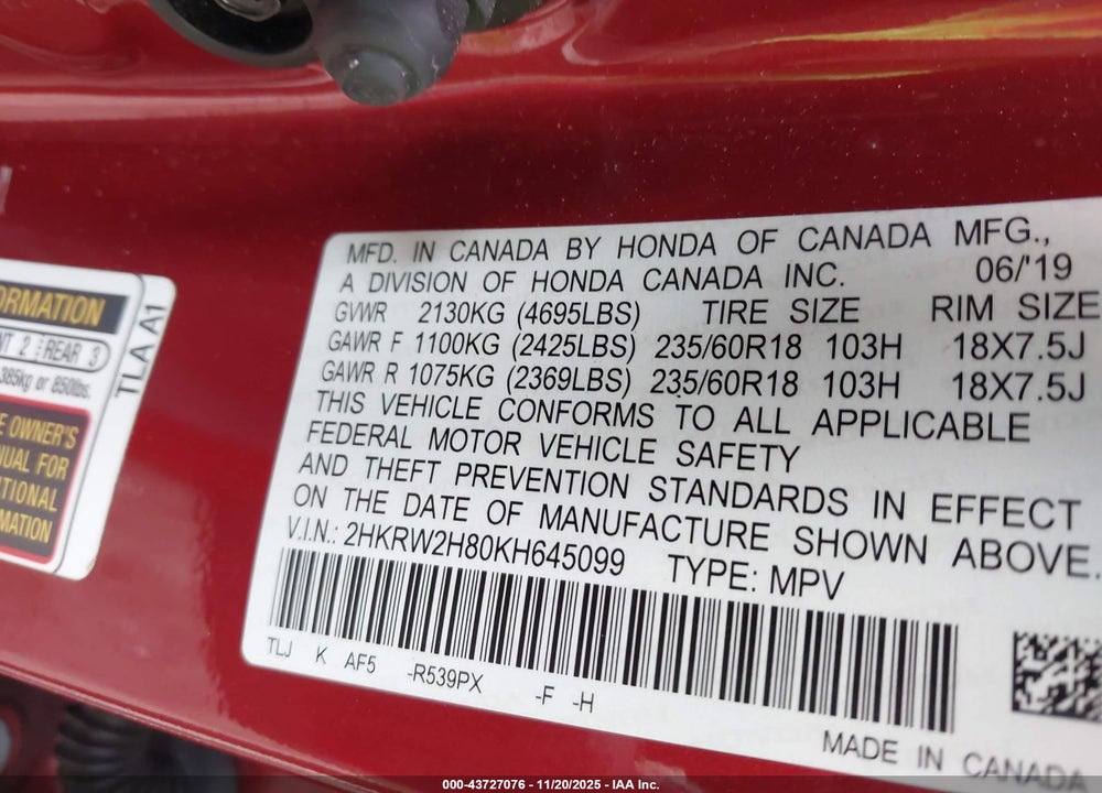 2019 HONDA CR-V VIN: 2HKRW2H80KH645099