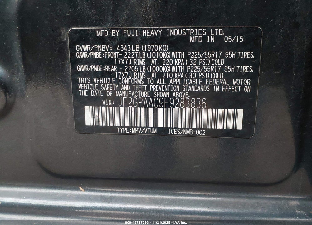 2015 SUBARU XV CROSSTREK 2.0I VIN: JF2GPAAC9F9283836